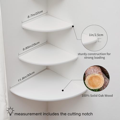 Corner Shelves, Floating Corner Shelf, Set of 3 Solid Oak Wood Corner Wall Shelves, Round End with Wire Hole Shelving fo