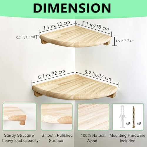 Floating Corner Shelves, 2 Pack Solid Wood Round End Wall Mount