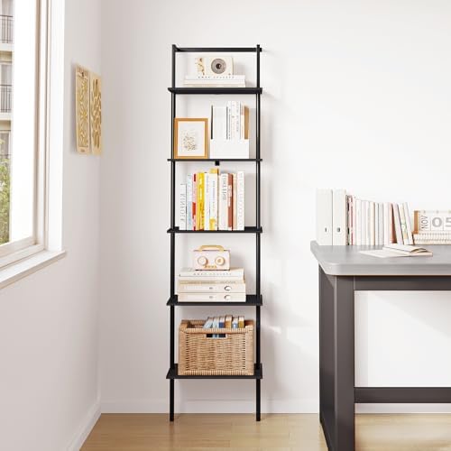 5-Tier Wall Mounted Ladder Shelf, Black, 64.7" H