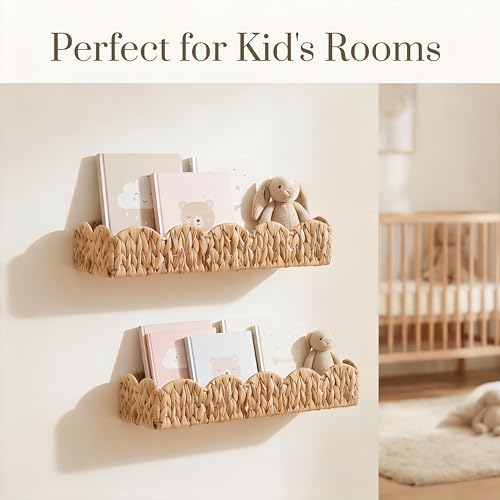 2 Pack Nursery Book Shelves, Scalloped Water Hyacinth Book Shelf for Kids Rooms, Handwoven Floating Book Shelves for Wall, 15.8” Wicker Hanging Bookshelf for Books, Toys, Photo Frames, Nursery decor