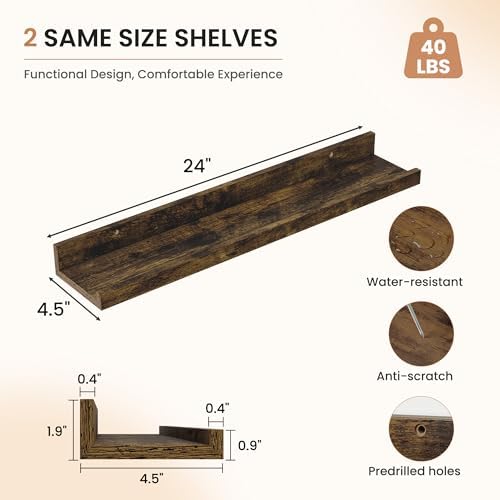 Dreamland Picture Ledge Shelf for Wall, Floating Shelves Set of 2,24 inch Long Floating Shelves with Lip for Living Room,Bedroom,Bathroom,Kitchen,Rustic Brown