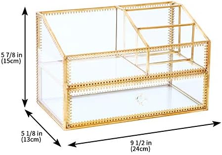 Golden Glass Box Vanity Tray Glass Case Makeup Display Organizer on Dresser, Multifunctional Cosmetic Storage for Palett