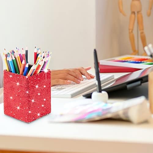 KEYPOWER Crystal Pencil Pot Holder Box Bling Rhinestone Pen Organizer Holder Cosmetic Container Comb Brushes Personalized (Square Red)