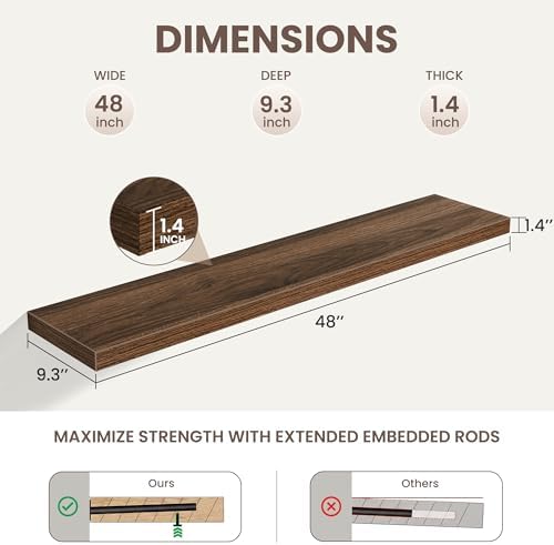 Floating Shelves for Wall,48 Inch Wall Mounted Rustic Wood Shelves,9.3" Deep Wall Shelf with Invisible Brackets,Large De