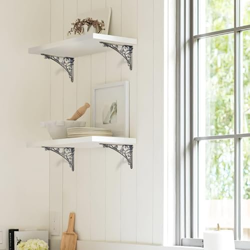Khtumeware Shelf Bracket 12 Inch, Decorative Brackets for Shelving, Heavy Duty Vintage Brushed Antique Brass Ornate Shel