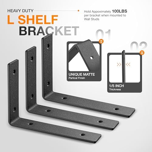 BATODA 10" L Heavy Duty L Shelf Bracket for Floating Shelves, Pack 6, Black