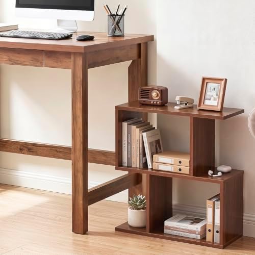 Tangkula 2 Tier Geometric Bookshelf, Freestanding Wooden Display Shelf, Home Office Room Divider S Shaped Open Bookcase,