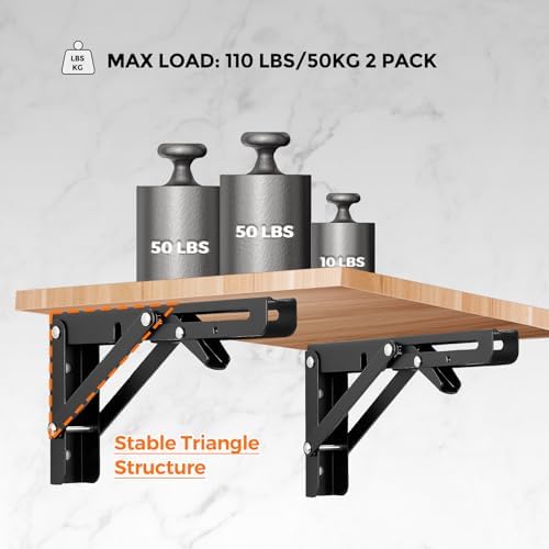 Ravinte Matte Black Folding Shelf Brackets, 6 Inch, 2 Pack