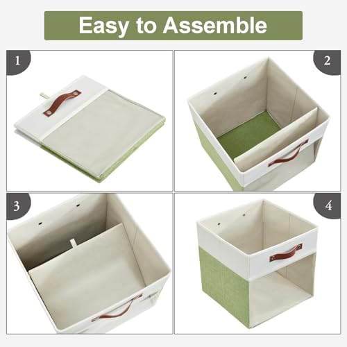 Bagnizer Storage Cubes, 4 Pack Linen Foldable Storage Bins (13 x 13 inch) with Clear Window and Handles, Fabric Organizer for Shelf Closet, Clothes, Books - (Green and White)