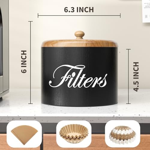 Wooden Coffee Filter Holder with Lid - Round Storage Container for Counter - Rustic Farmhouse Coffee Bar Accessories (Bl