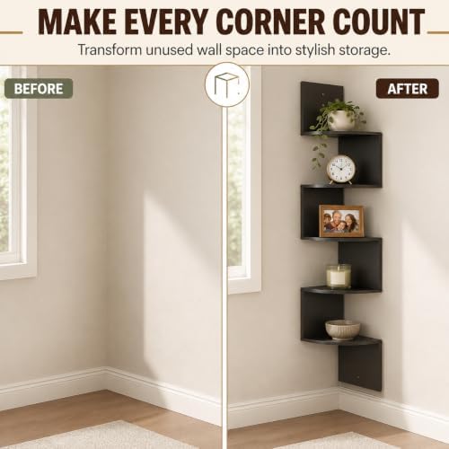 Greenco Corner Shelf, 5 Tier Shelves for Wall Storage, Easy-to-Assemble Floating Wall Mount Shelves for Offices, Bedroom