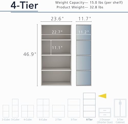 Homes: Inside + Out Apexa 4-Tier Cube Storage Organizer Shelves, Stackable Wood Bookcase Fits Cubby Bins for Organizatio