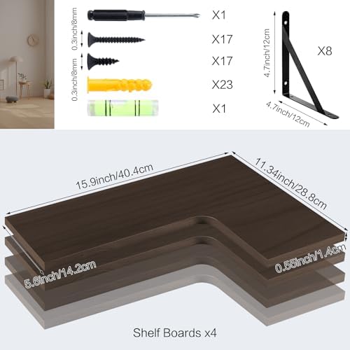 Corner Floating Shelves, Set of 4, Brown, 15.9 x 11.4 Inch