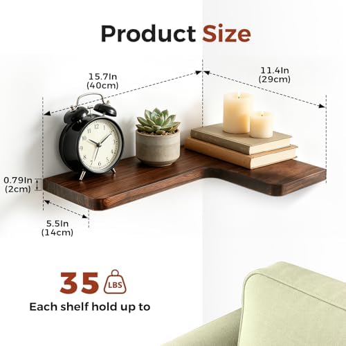 Solid Wood Corner Floating Shelves, L-Shaped, Brown, Set of 4