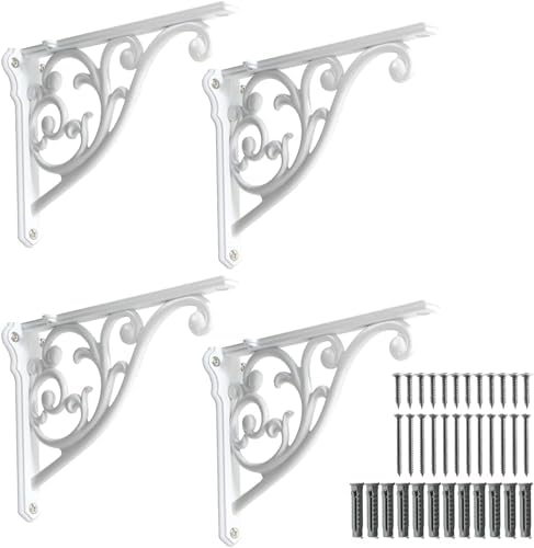 Khtumeware Ornate Decorative Shelf Brackets, 12 inch Big wall Mounted Shelving Bracket, 4 Pack White Vintage Metal Heavy