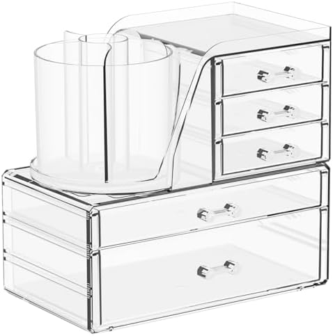 Clear Acrylic Makeup Organizers for Vanity,Countertop,3 Pack Make up Drawer Organizer With Makeup Brush Holder,Plastic S