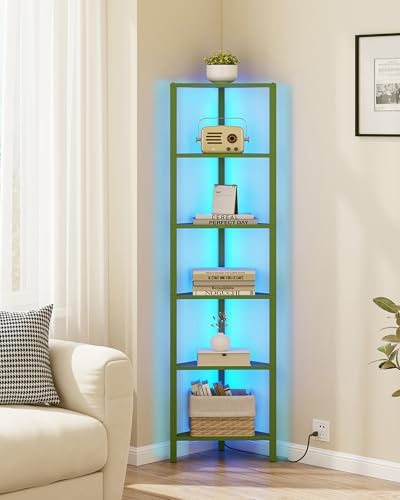 TUTOTAK Corner Shelf with LED Light, 6-Tier Corner Bookshelf