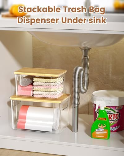Trash Bag Dispenser 2 Pack (XL+S) - Trash Bag Holder with Bamboo Top