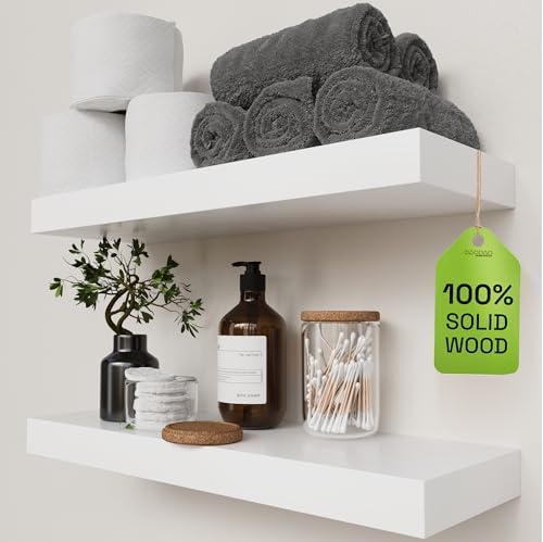 Solid Wood Floating Shelves for Wall 20 Inch White, Wooden Bathroom Shelf