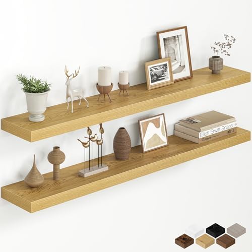 48 Inch Floating Shelves for Wall, Rustic Wood Wall Mounted Deep Storage Shelves with Invisible Brackets, Long Decorativ