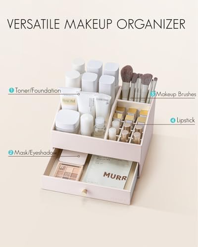 VLANDO 2-Layer Vanity Organizer with Drawers for Vanity,Apricot White