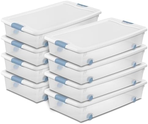 Sterilite 8-Pack Wheeled Latching Box, Plastic Under Bed Storage Bins with Lids, 56 Quart - Large Clear Stackable Tote O