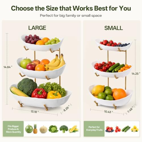 HBlife 3 Tier Large Fruit Bowl, Ceramic Fruit Basket for Kitchen Counter