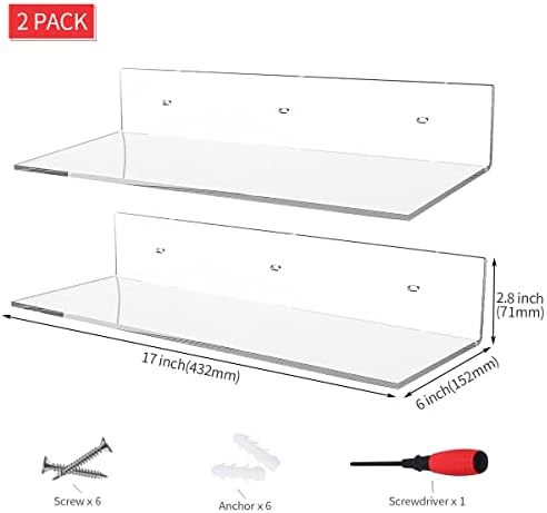 Sezanrpt 17 Inches Acrylic Wall Shelves 2 Pack, Floating Shelf for Wall Mounting, Acrylic Display Ledges for Funko Pop Figures, Home Décor, Living Room, Gaming Room, Plants(17 inch, Clear)