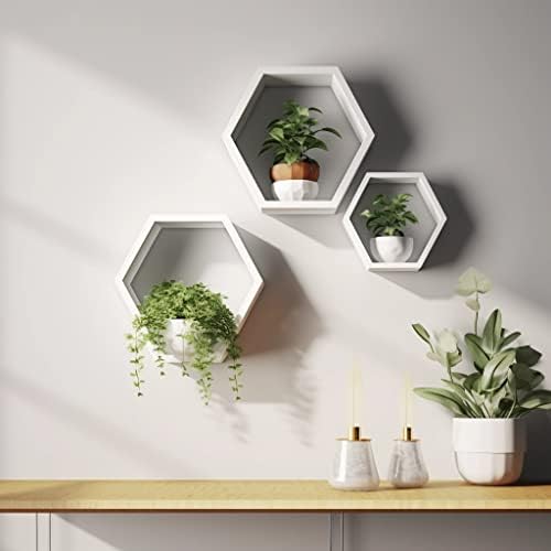 ROSE BLOOM Set of 3 White Wood Hexagon Shelves for Wall Decor - Farmhouse Honeycomb Shelves for Living Room Decor, Kitch