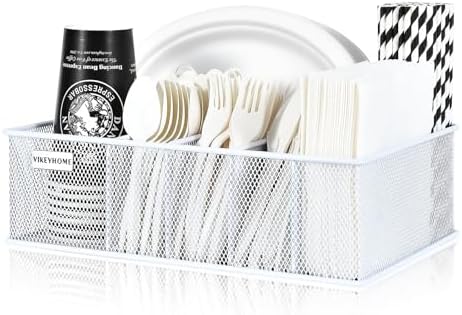 VIKEYHOME Paper Plate Organizer, Metal Silverware Caddy, White