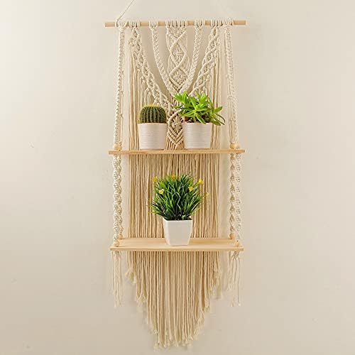Mong Macrame Wall Hanging Shelf - Boho Hanging Shelves for Wall - Decorative Bohemian Floating Plants Room Storage Shelv