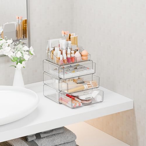 Yieach Clear Acrylic Makeup Organizers Countertop for Dresser,Desk,Bathroom Vanity,4 Tier Stackable Make up Holders and 