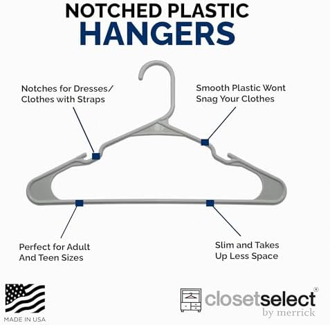 Closetselect Plastic Hangers 50 Pack - Space Saving Clothes Hangers, Made in USA, Durable & Strong Plastic Shirt & Coat Hanger with Notches & Shoulder Grooves, Non-Slip Clothing Hangers | Silver Hail