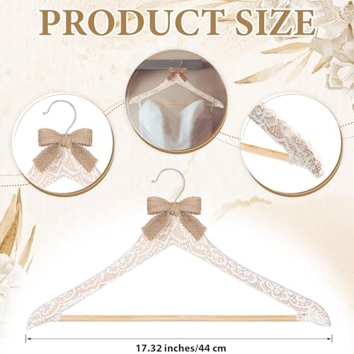 Wonderjune White 10 Pcs Bride Hanger for Wedding Bride Groom Bridesmaid Ribbon Bow Pearl Hanger Wood Color Elegant Wooden Dress for Bridal Shower Tuxedo Photo Keepsake Party Gift (Lace Linen)