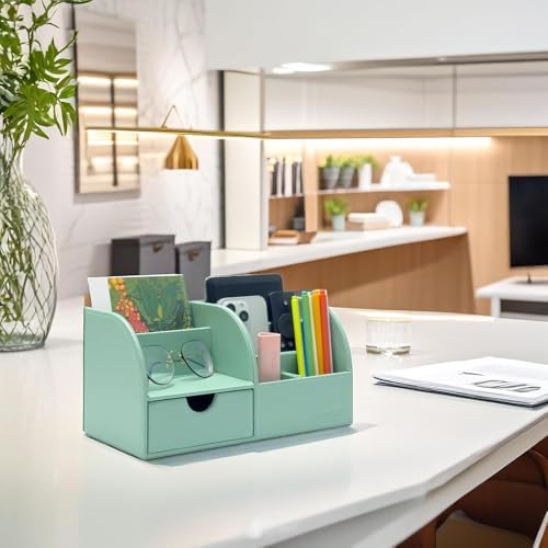 UnionBasic Desk Organizer - Multifunctional Leather Desktop Pen Holder Storage Box - Business Card/Pen/Pencil/Mobile Phone/Stationery Holder, Mint Green