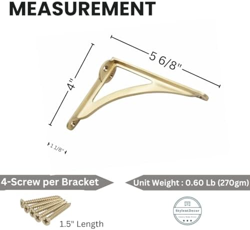 STYLENT Decor Decorative Brass Shelf Bracket, Heavy Duty and Antique Shelf Bracket for Shelving Modern L Shaped Design (
