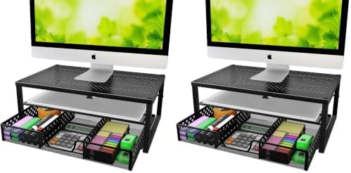 Simple Trending Metal Monitor Stand Riser and Computer Desk Organizer with Drawer for Laptop, Computer, iMac, Black (Pac