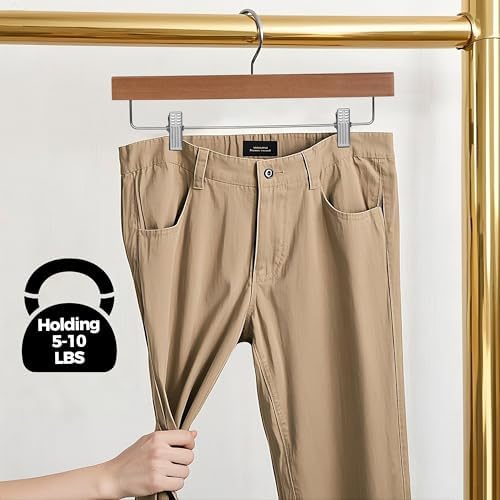 Quality Hangers Wooden Pants Hangers - 10-Pack Swivel Hook Cloth Hanger Set - Lotus Wood Skirt, Pant, Shorts and Slack Hangers with Adjustable Clip (Walnut - Chrome Hook, 10)