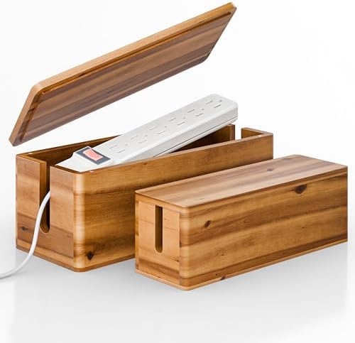 TIDITA Set 2 Sizes Wooden Cable Management Box Round Edge, Magnetic Lid