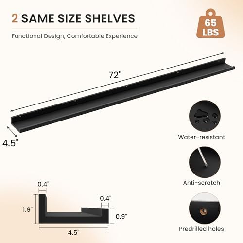 Dreamland Picture Ledge Shelf for Wall, Floating Shelves Set of 2,72 inch Long Floating Shelves with Lip for Living Room,Bedroom,Bathroom,Kitchen,Black