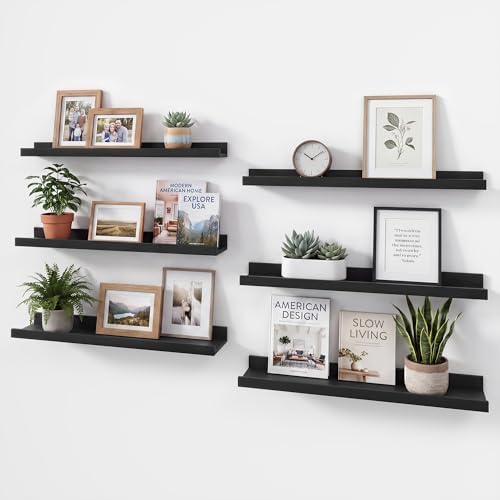 Acovy Floating Shelves Set of 6, 24 Inch Wall Mounted Picture Ledge Shelf with Lip, Black Display Shelves for Living Room, Bedroom, Nursery, Bathroom & Kitchen