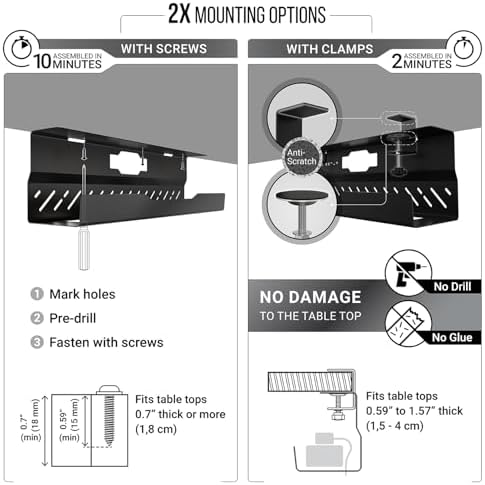 Under Desk Cable Management Tray no Drill – Wire Management - Cord Organizer – Huge Load Capacity – Under Desk Cable Tra