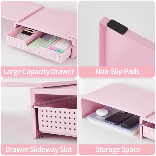 LEKETREE Dual Monitor Stand Riser with Drawer, Desk Organizer and Accessories, Pink Monitor Stand for Desk, Desktop Stan