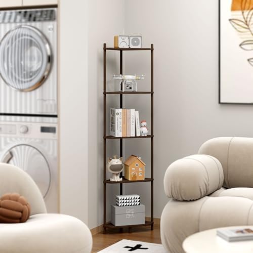 Corner Shelf Stand - 5 Tier Bamboo Small Corner Bookshelf for Office Kitchen Bedroom Plant Stand Living Room Decor Small