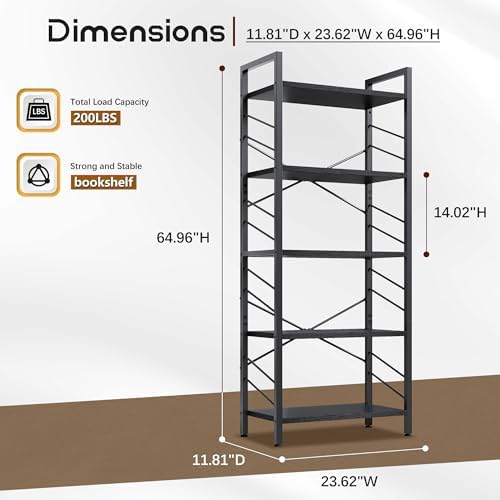 DurayLoly 5-Tier Bookshelf, Black Metal Bookshelf for Home Office, Black