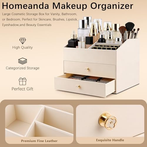 Homeanda Makeup Organizer with Drawers, PU Leather Cosmetic Storage Box Large Cosmetic Display Case for Skincare, Lipsti