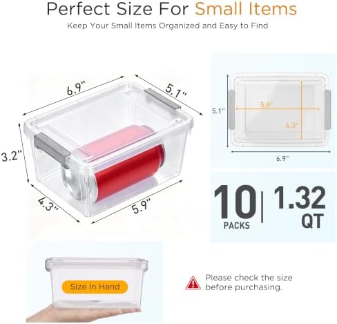 Citylife 10Packs 1.3Qt Small Storage Bins with Lids,Stackable Clear