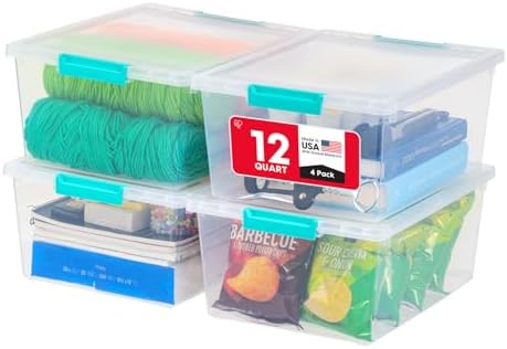 IRIS USA Storage Bins with Lids |Made in USA| 12 Qt - (4-Pack) - Clear