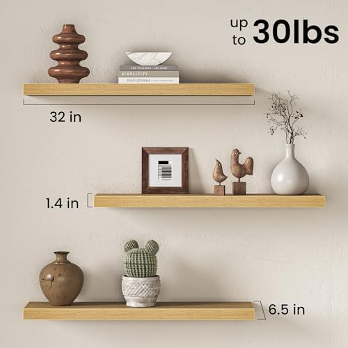 32 Inch Floating Shelves for Wall, Rustic Wood Wall Mounted Deep Storage Shelves with Invisible Brackets, Large Decorati