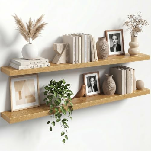 55" Floating Shelves for Wall, Set of 2, 8" Deep, 1.5" Thick, Oak Finish
